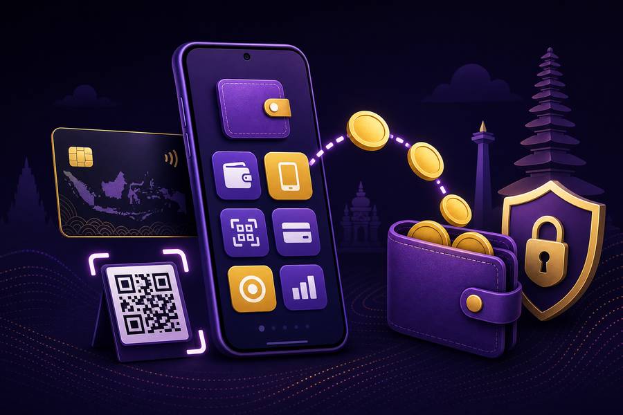 Ponsel dengan ikon dompet digital, kartu bank, kode QR, dan koin emas berpindah ke dompet