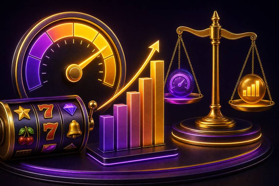 Meteran persen emas, grafik batang naik, gulungan slot, dan timbangan keseimbangan risiko
