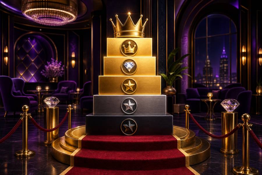 Tangga tingkatan VIP emas dengan mahkota di puncak dan karpet merah