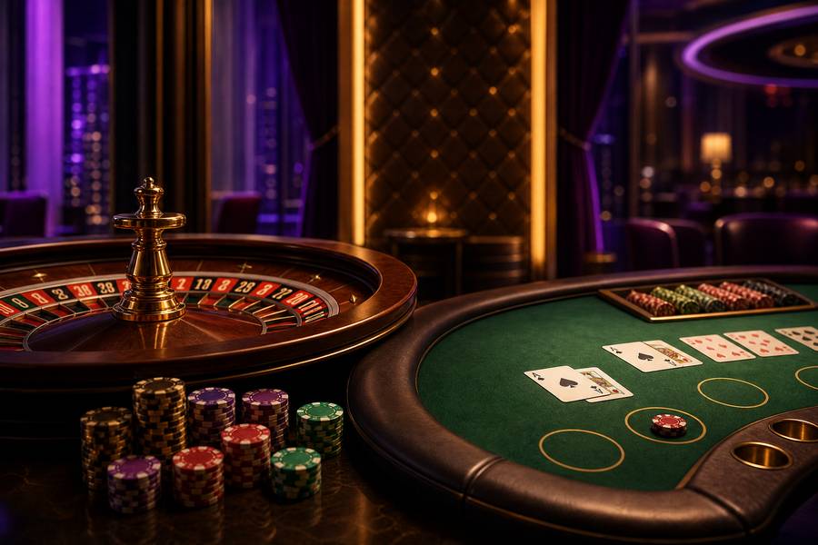 Meja roulette dan blackjack dengan chip di kasino langsung