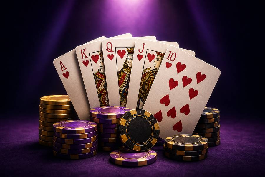 Kartu royal flush dan tumpukan chip poker ungu emas