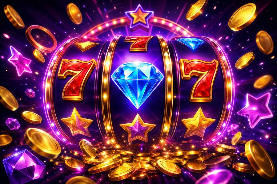 Ilustrasi gulungan slot dengan simbol tujuh dan berlian