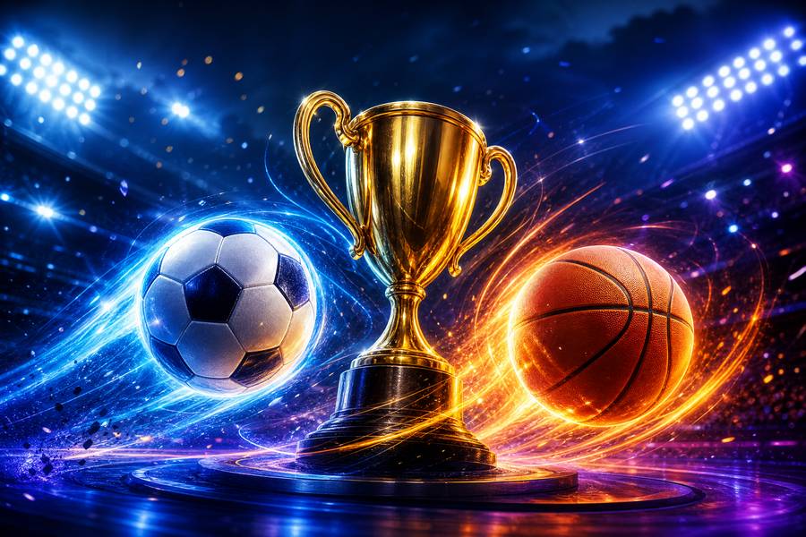Trofi emas dengan bola sepak dan basket di stadion