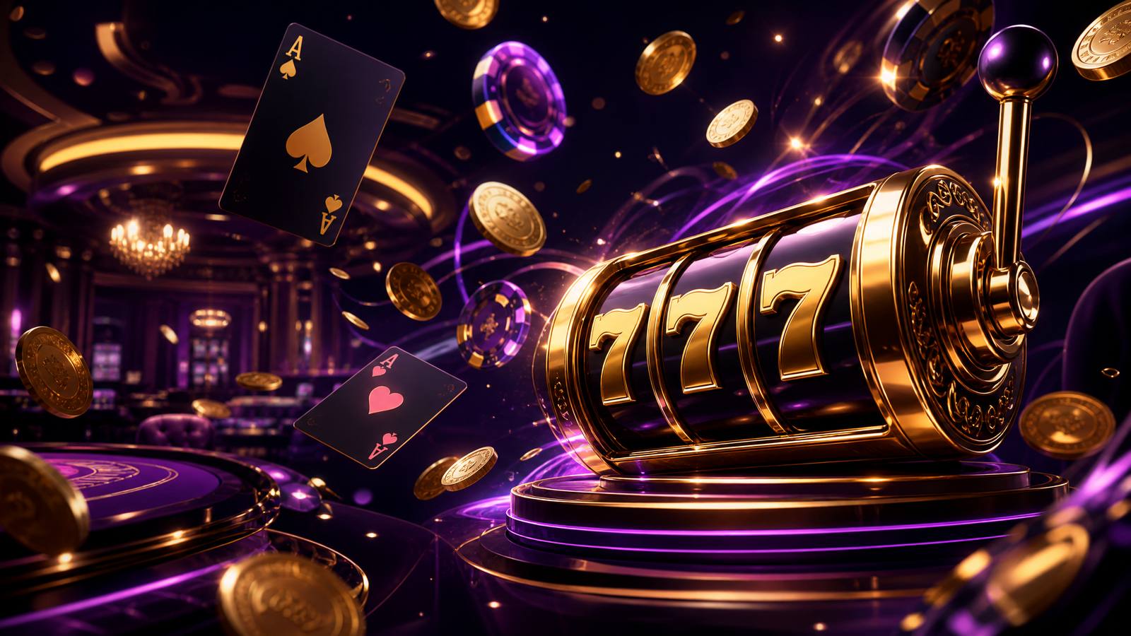 Suasana lobi permainan Royal188 dengan mesin slot emas, koin, dan kartu